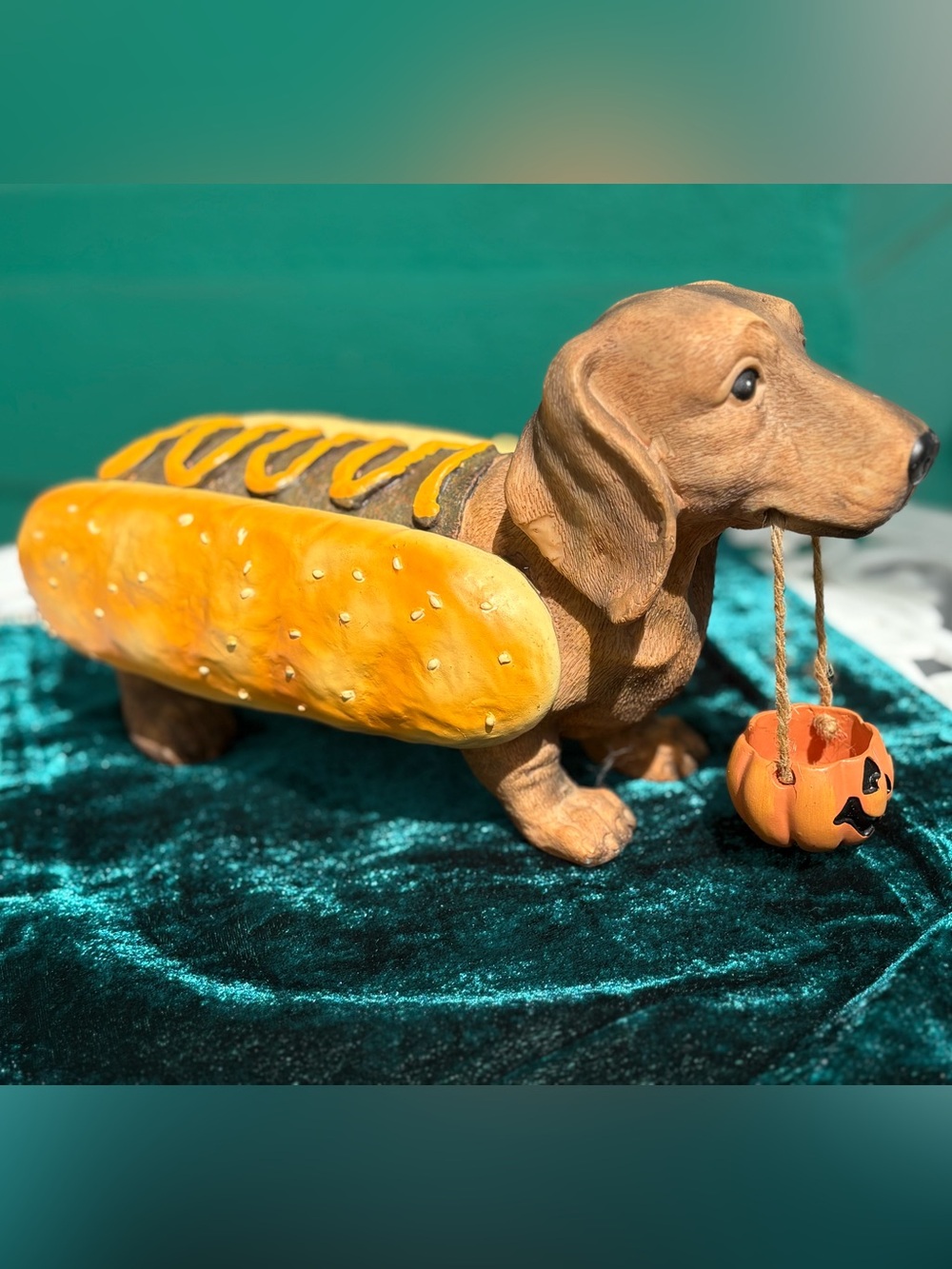 Viral Cracker Barrel Dachshund Hot Dog with Pumpkin Bucket Halloween Decor